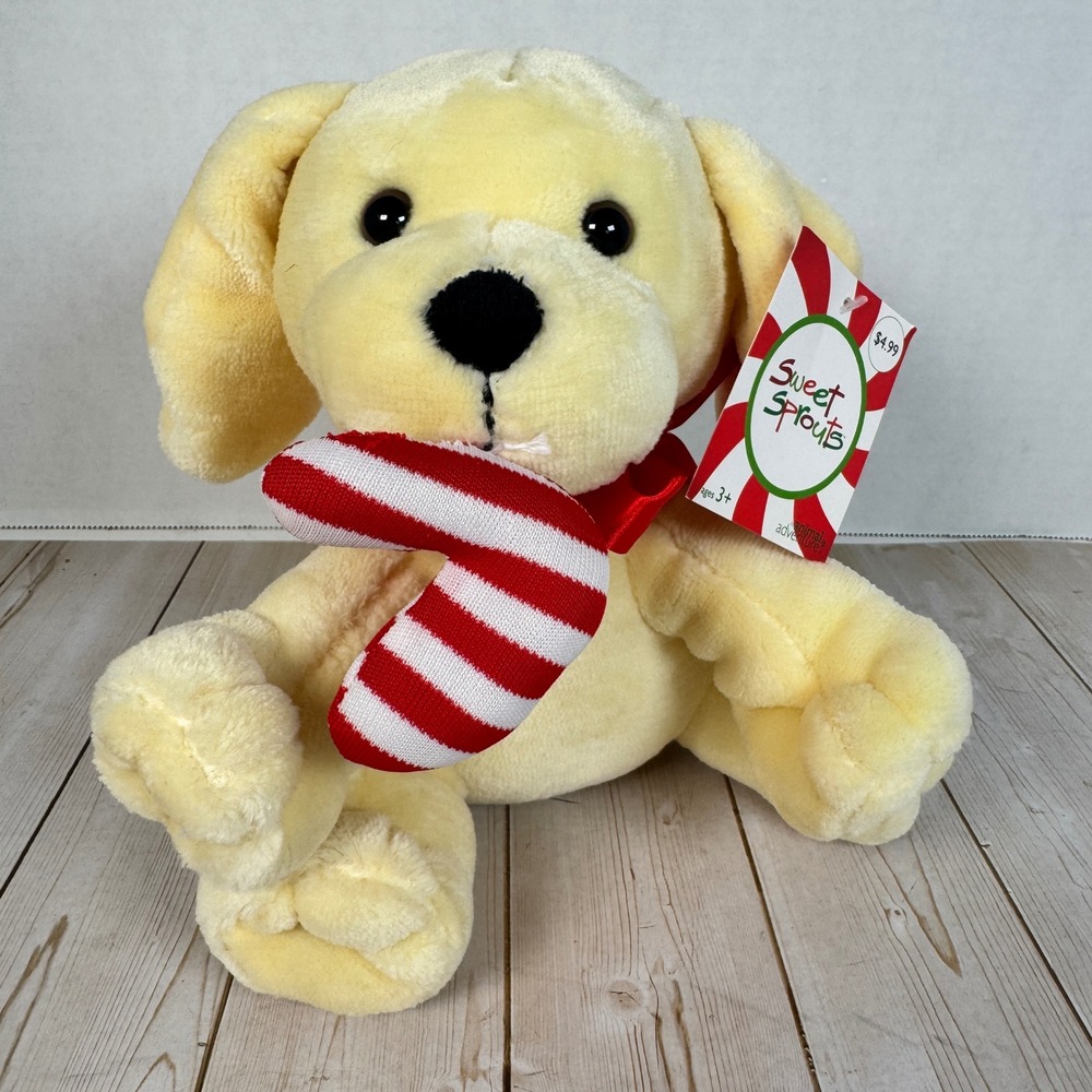 Animal Adventure Sweet Sprouts Yellow Dog Candy Cane Christmas Plush 2015 NWT